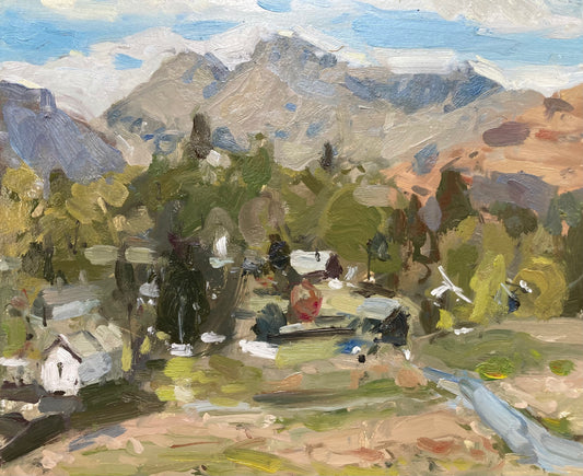 Looking towards the Great Langdale’s and Chapel stile with blue sky. An original oil painting by Adam Ralston