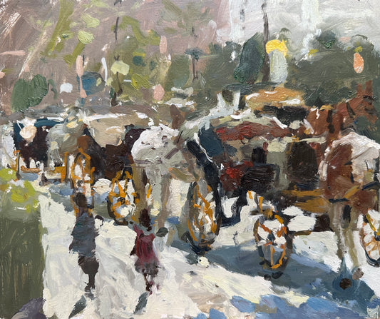 An impressionist painting of horses and cart in Seville, with strong sunlight