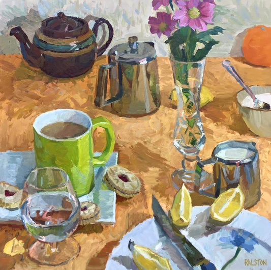 Still life painting of teapot and jammie dodgers biscuits 