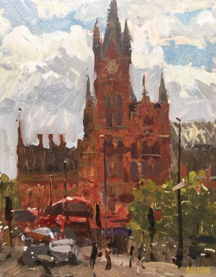 An original pleinair painting of Kings Cross, Saint Pancras in London by northern artist Adam Ralston