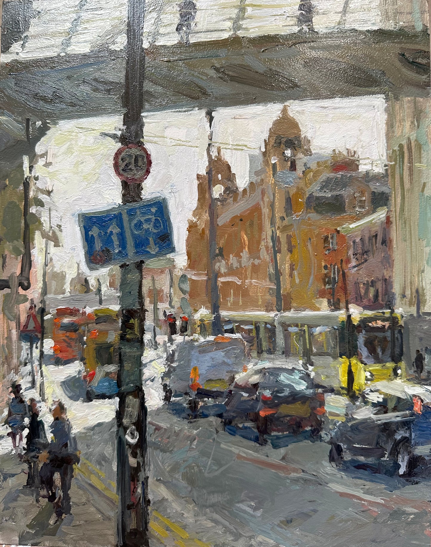 Impressionist oil painting of london rd in manchester. Yellow tram with cars and sunlight streaming across the road.