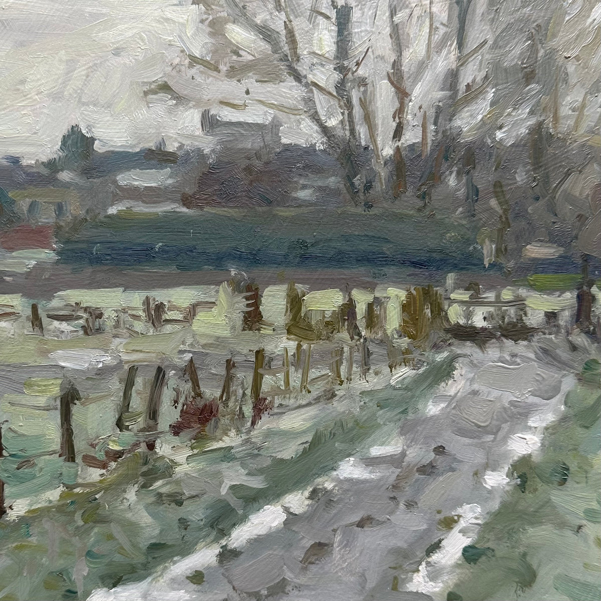 Impressionistic kirkham landscape painting of a snowy path winding through a field near st Michaels church, with rustic posts and leafless trees under a pale sky.