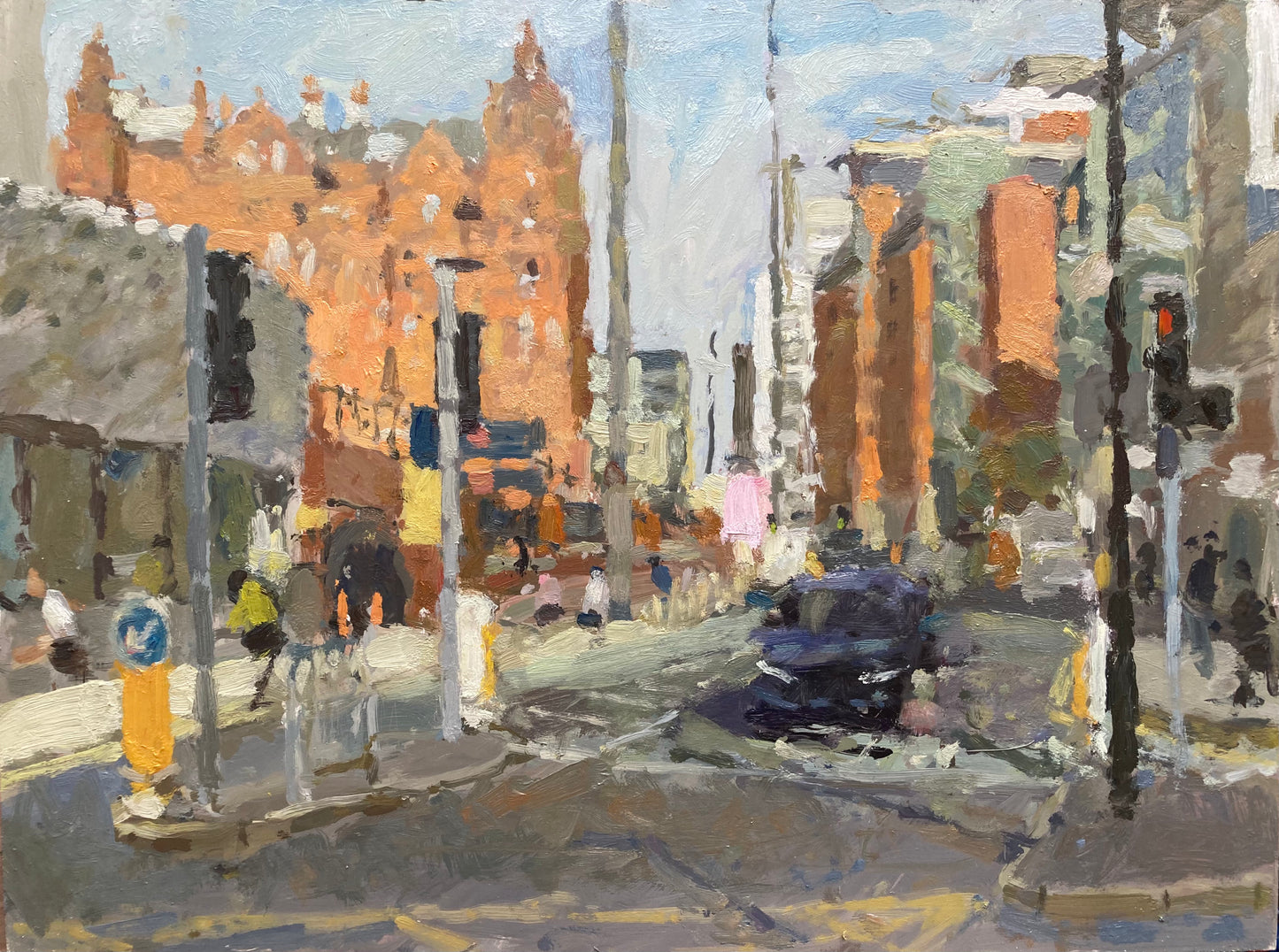 Painting of sunlight hitting the back of the Midland hotel in Manchester