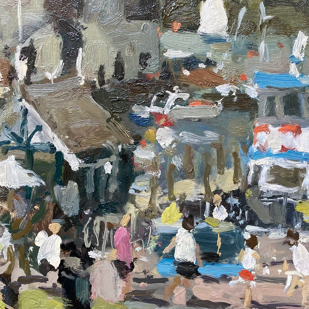 Impressionistic oil painting of a bustling Bowness-on-Windermere lakeside with boats and figures walking by Blackpool artist Adam Ralston 