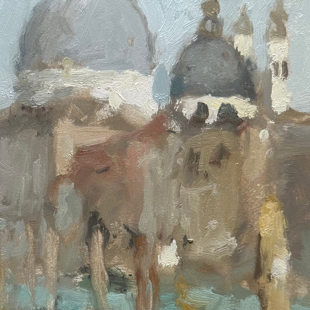 Impressionistic oil painting of a domed architectural scene the Salute in Venice, with muted blue-gray, taupe, brown, cream, and touches of pale aqua and gold.