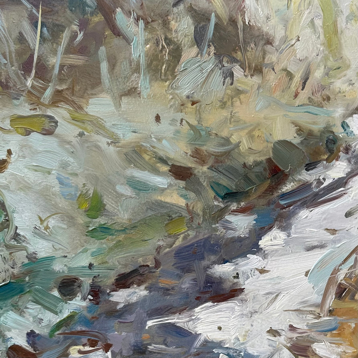 An abstract expressionist detail part of a larger landscape by Adam Ralston ROI. The painting features textured impasto brushstrokes in a mix of off-white, beige, gray, brown, green, and blue-gray tones.