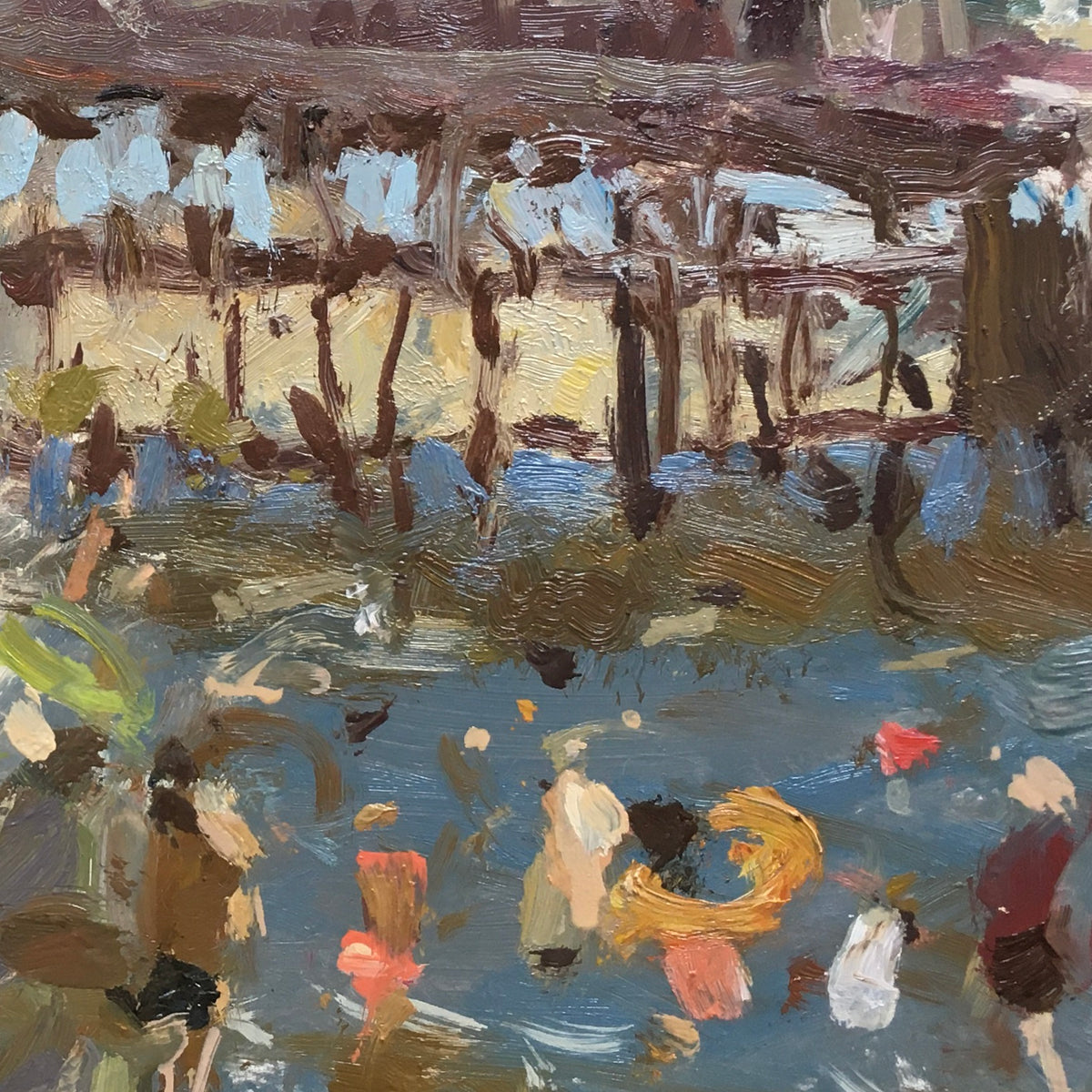 An impressionistic painting of Blackpools iconic victorian North Pier with figures in the water and the bottom of the Tower in the left background by artist Adam Ralston ROI