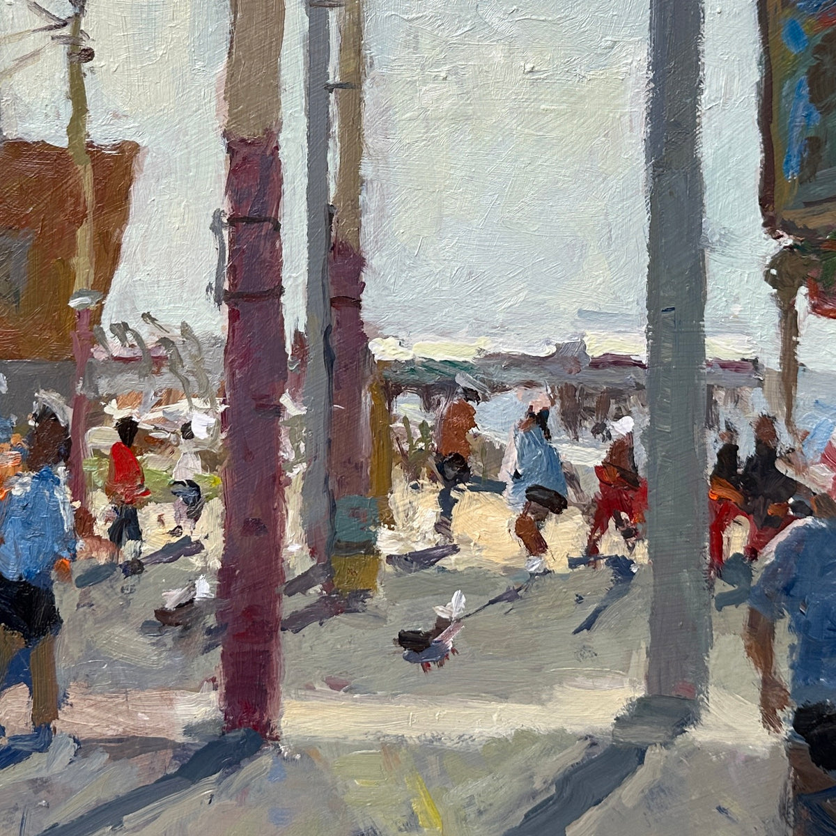 A detail of a Blackpool painting near North Pier of a busy promenade with people walking. The artwork uses broad brushstrokes by Blackpool artist Adam Ralston