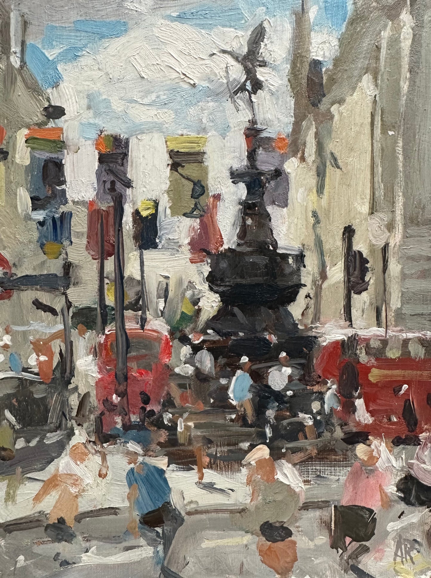 a pleinair painting of Piccadilly Circus with red buses in London