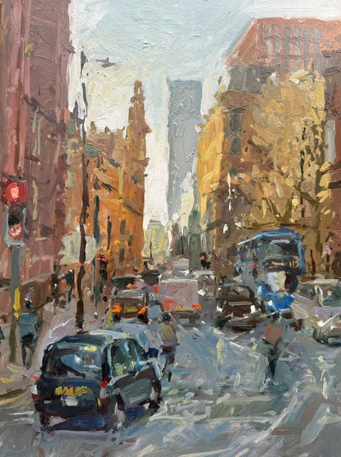 An impressionistic oil painting of a busy city street Whitworth St in Manchester with cars, pedestrians, tall buildings, and a blue bus