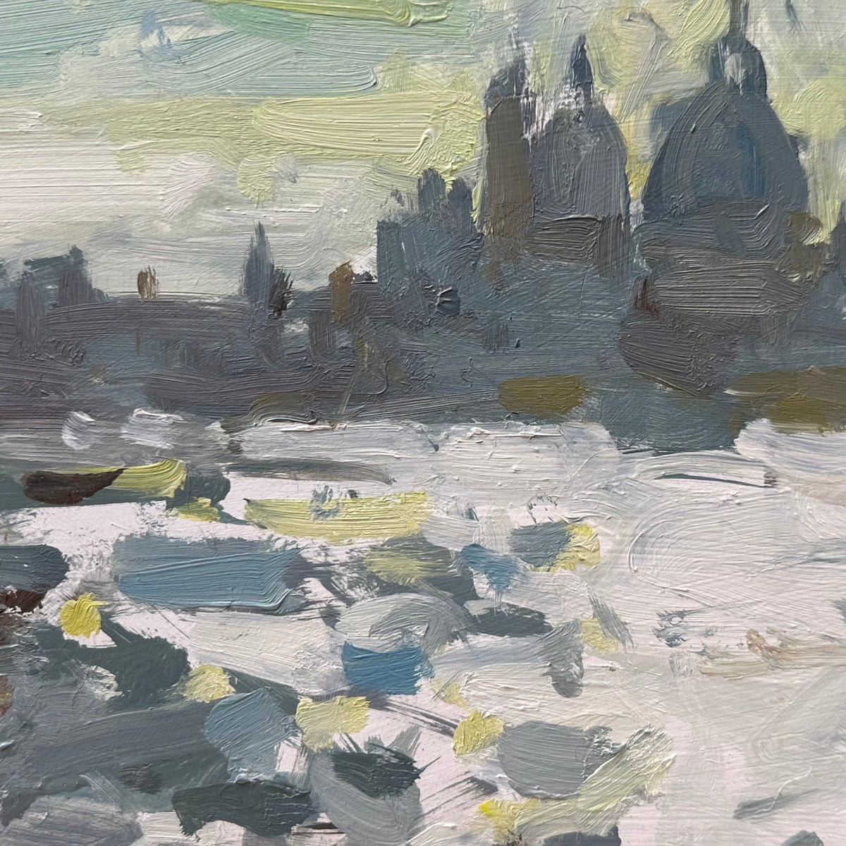 An impressionistic oil painting of a river scene with a dark skyline of domed buildings in the background, rendered in textured brushstrokes of gray, white, blue, and soft yellow-green.
