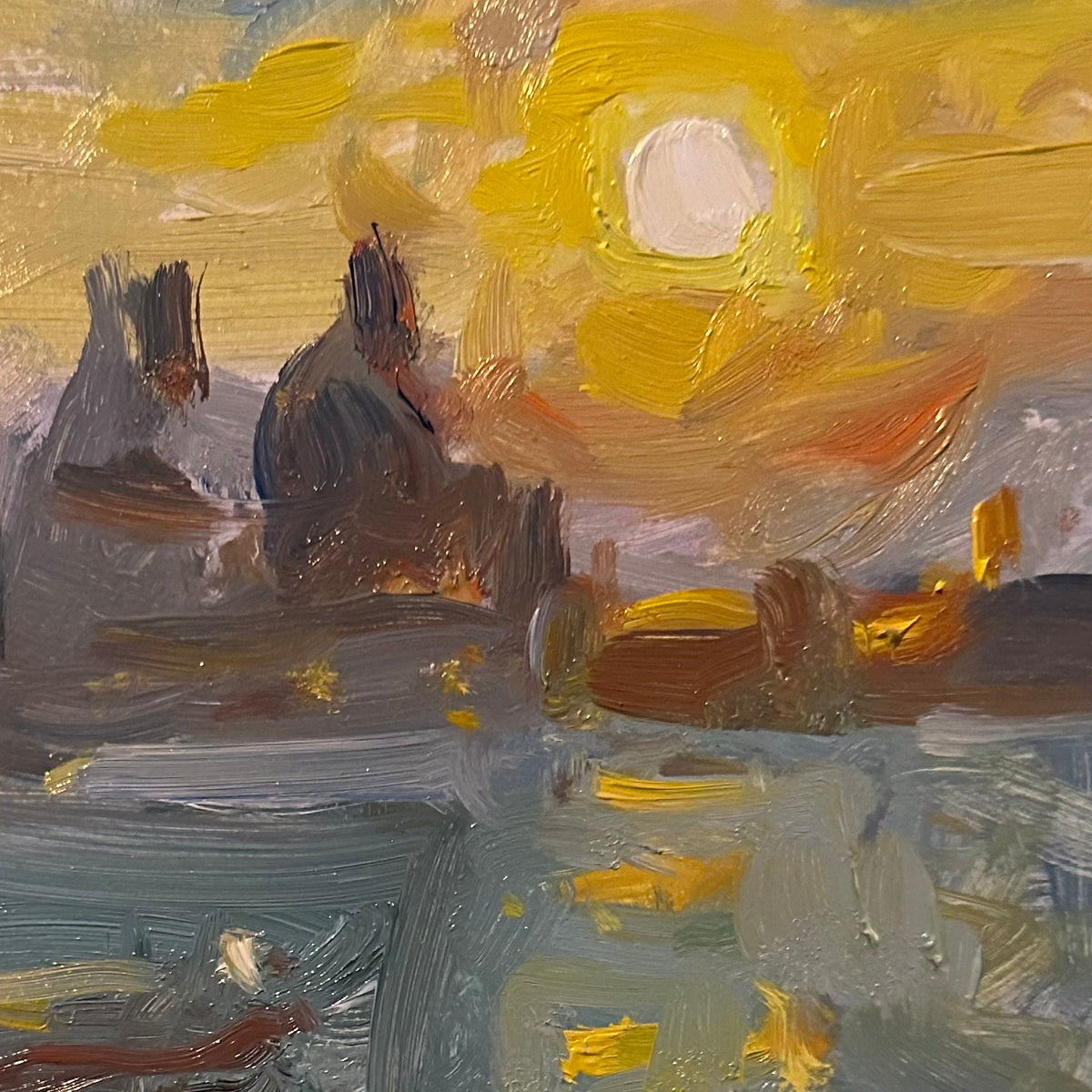 An impressionistic landscape painting featuring a bright yellow sun and clouds over dark, silhouetted hills and a reflective gray-blue foreground, rendered with thick textured brushstrokes.