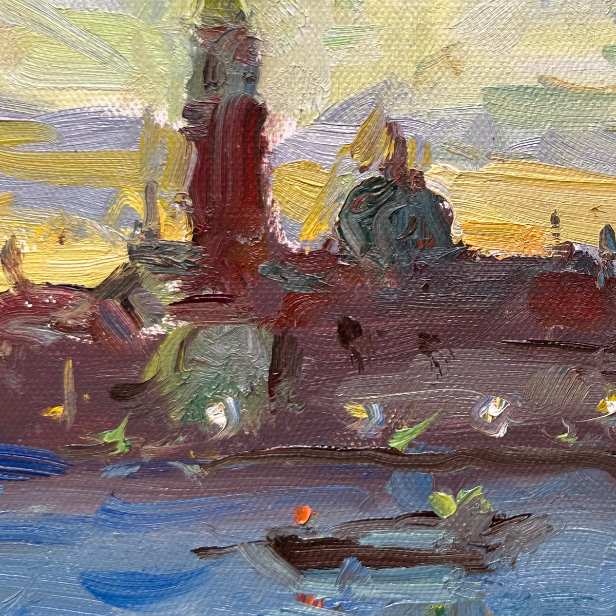 Impressionistic oil painting of a waterfront city scene with a prominent red-brown tower, blue water, and warm yellow-orange sky, with small boats on the water.