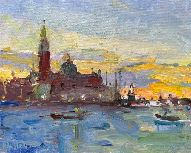 Impressionistic oil painting of a waterfront city scene with a prominent red-brown tower, blue water, and warm yellow-orange sky, with small boats on the water.