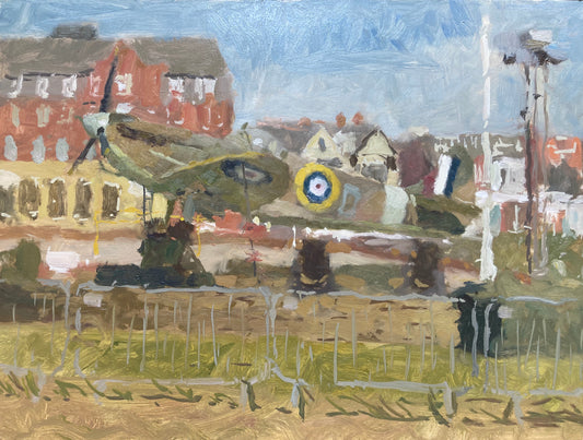 A pleinair oil painting of a Replica spitfire full size on Gynn roundabout in Blackpool