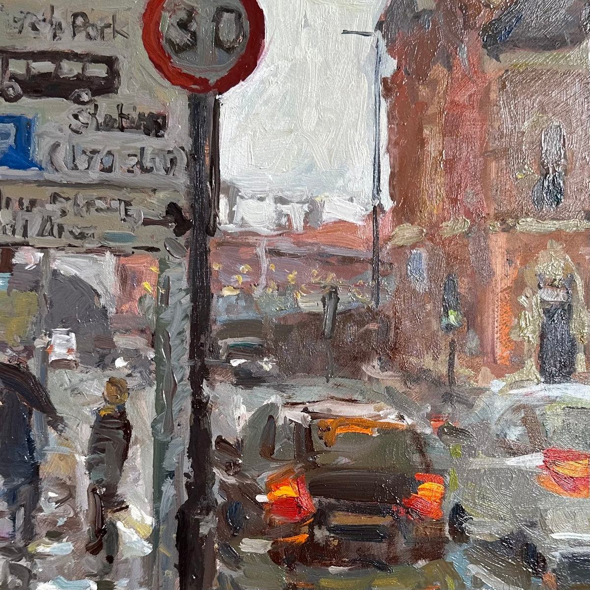 Impression detail of an oil painting of a city street scene in Manchester of the Star and Garter pub with a speed limit sign, pedestrians, cars, and brick buildings by northern artist pleinair painter Adam Ralston