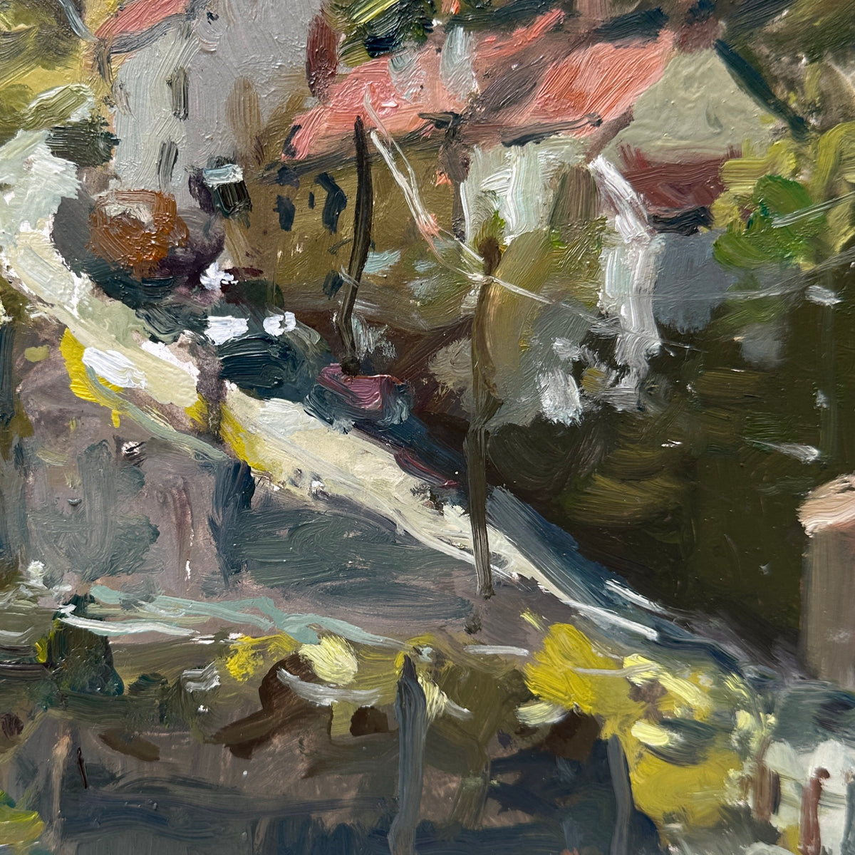 Impressionistic oil painting of a hillside village scene in Staithes with houses, rooftops, trees, and a winding road, painted pleinar by Adam Ralston in expressive brushstrokes of green, gray, white, ochre, and brown