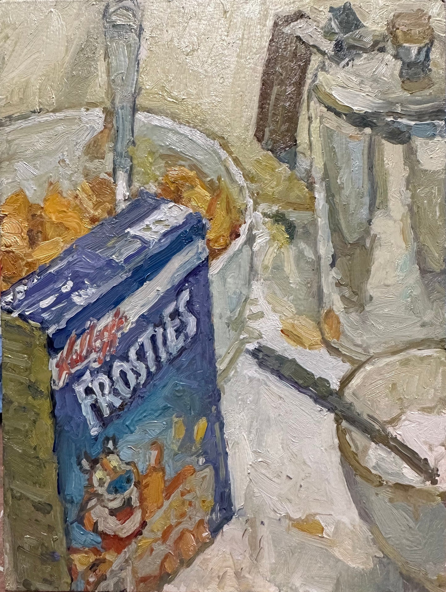 A small still life oil painting of a breakfast table with Kellogg’s Frosties cornflakes, and a bowl of sugar