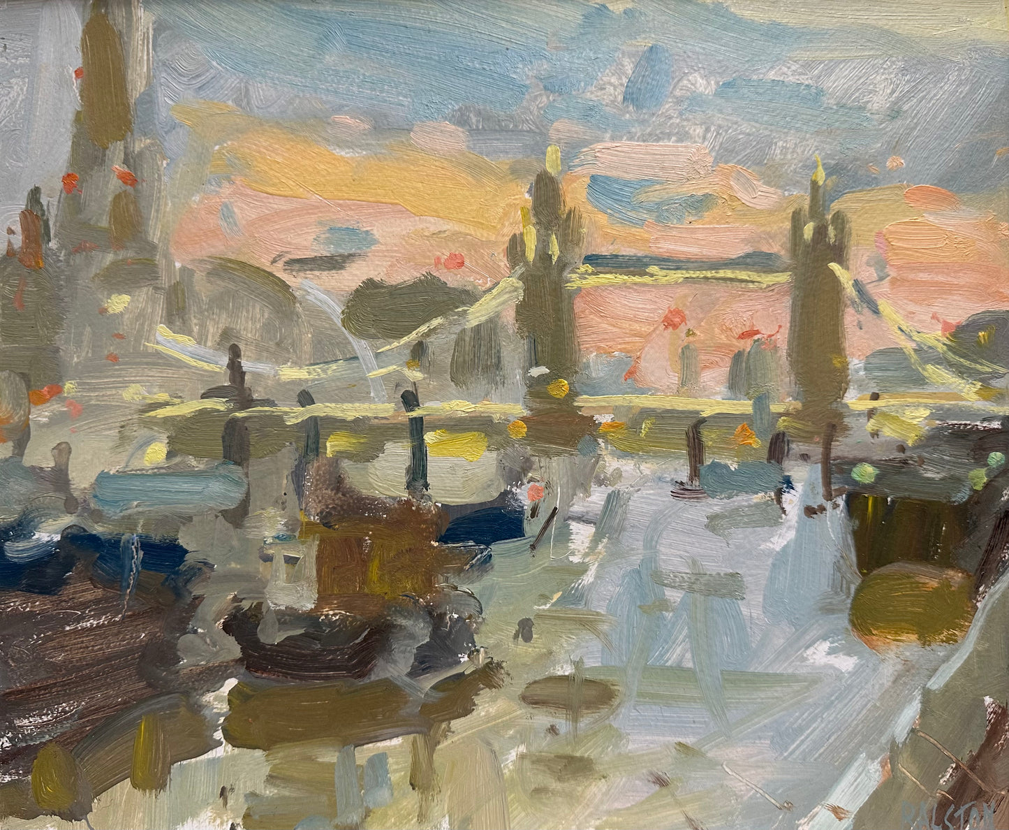 Tower Bridge painting at dusk with blue orange sky and boats on the Thames