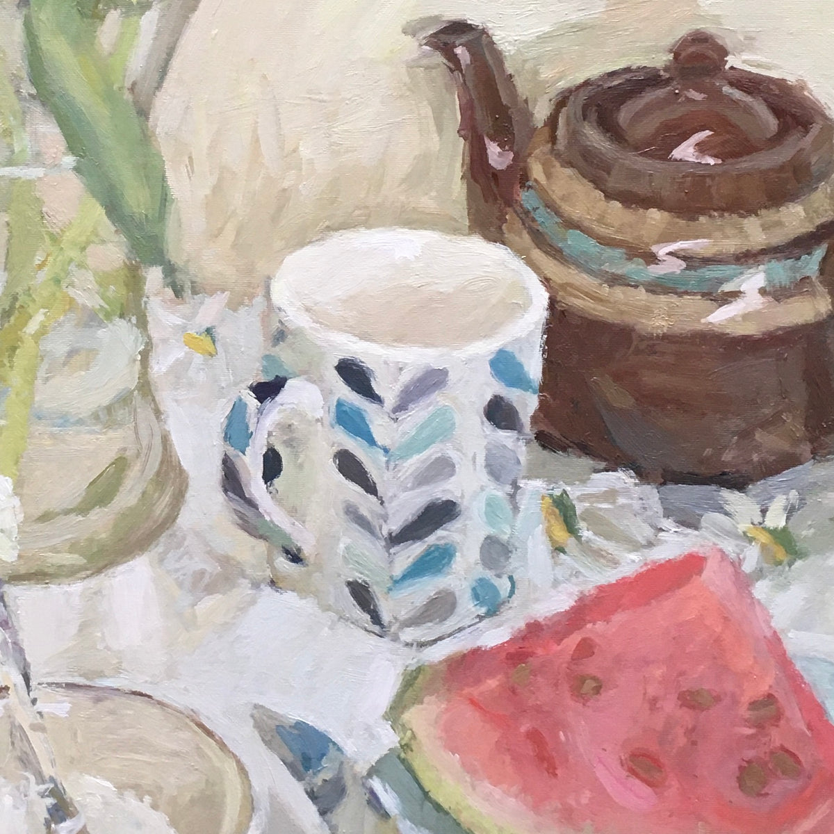 An impressionistic painting of a still life featuring a white mug with blue and gray leaf patterns, a brown ceramic teapot, and a slice of red watermelon on a light tabletop.