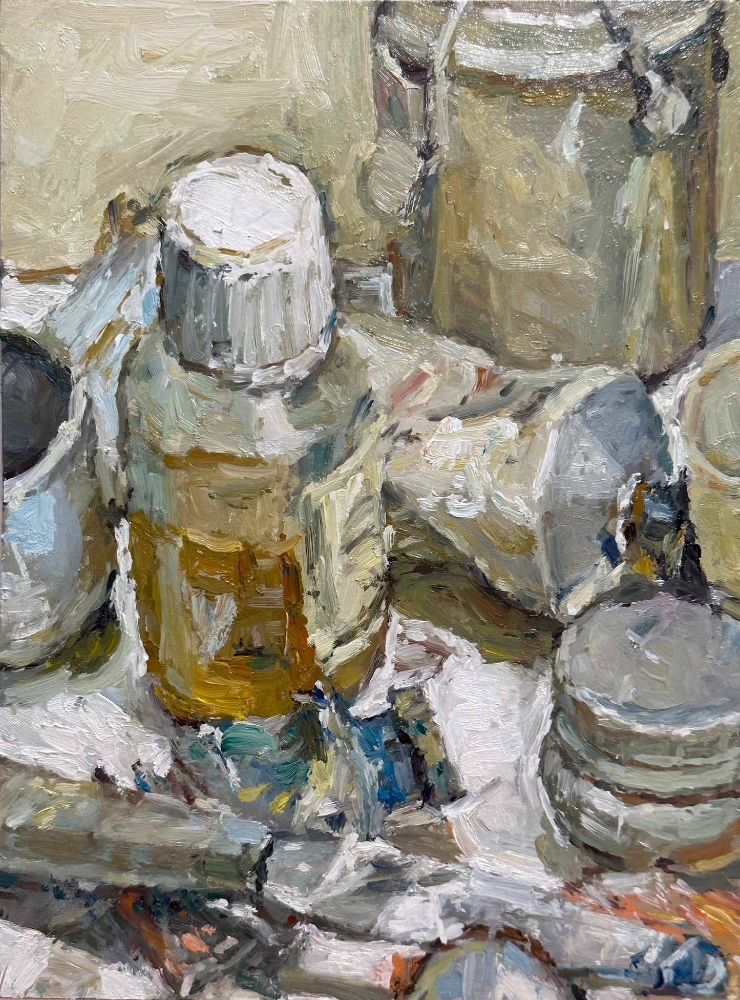 Still life study of tubes oil paint and bottles of turps by Adam Ralston, who is a member of the Royal Institute of Oil painters