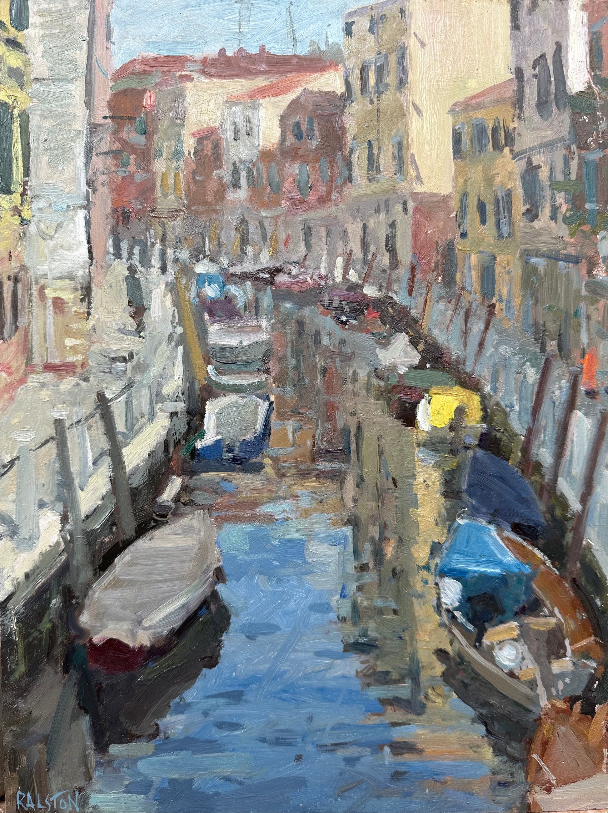 An original painting of a canal in Venice curving ground to the left, with boats on the water and buildings on either side