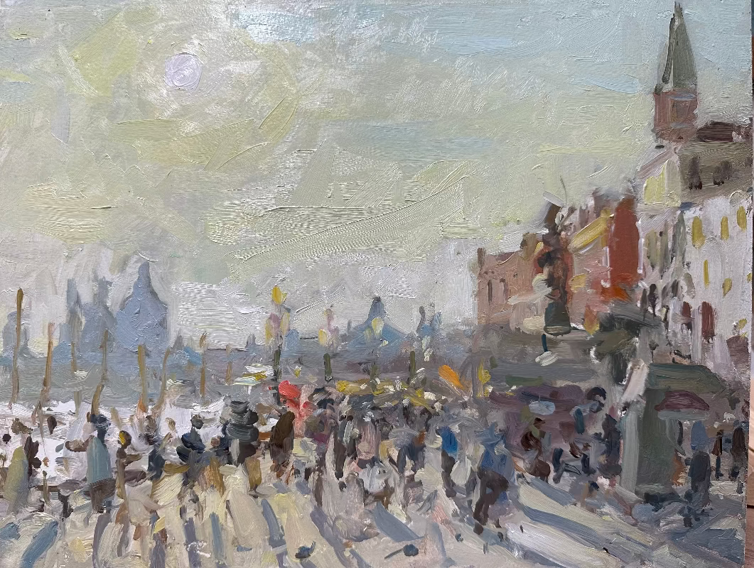 Painting of a bustling city street with people and buildings under a cloudy sky.