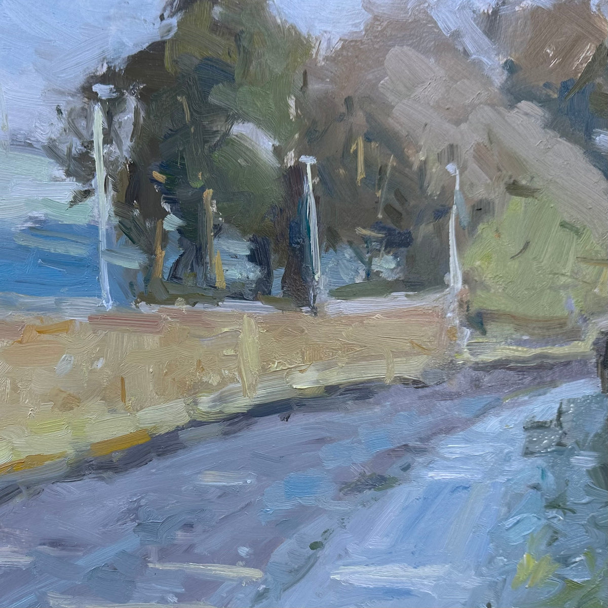 Impressionistic pleinair oil painting of an outdoor road scene on Mowbreck lane. in Wesham, Kirkham. A blue-toned foreground, rendered in visible brushstrokes of blue, gray, green,