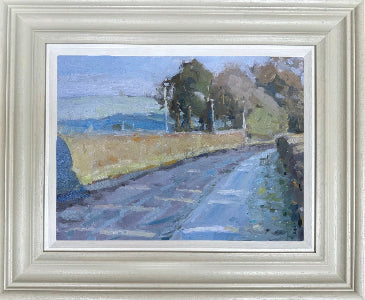 An impressionistic oil painting of a rural scene with a stone wall, trees, and blue sky painted pleinair on Mowbreck lane. presented in a grey frame with a white slip