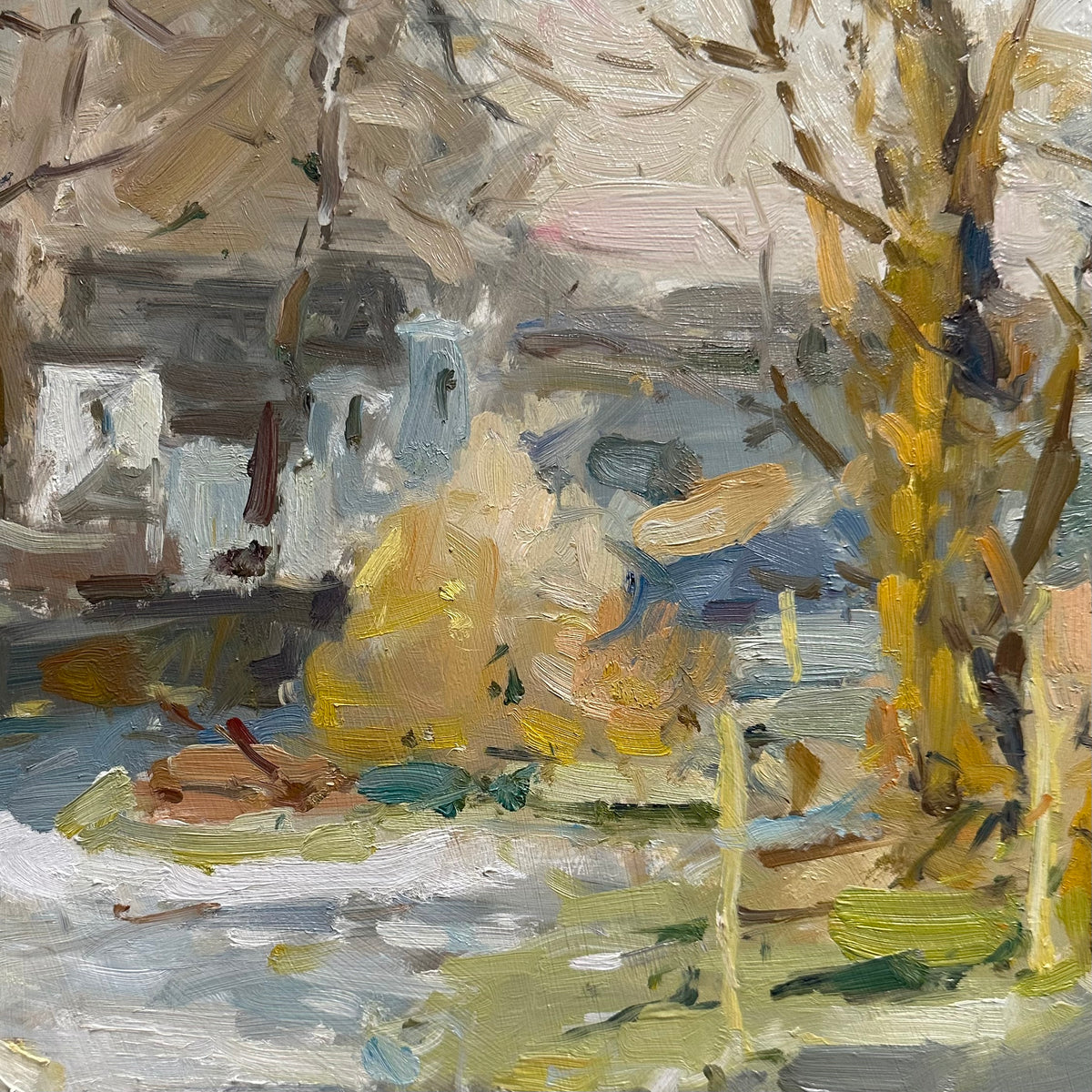An impressionistic oil painting in kirkham depicting a winter landscape path with a white cottage and bare trees, in soft brushstrokes of yellow, blue, gray, white, and brown.